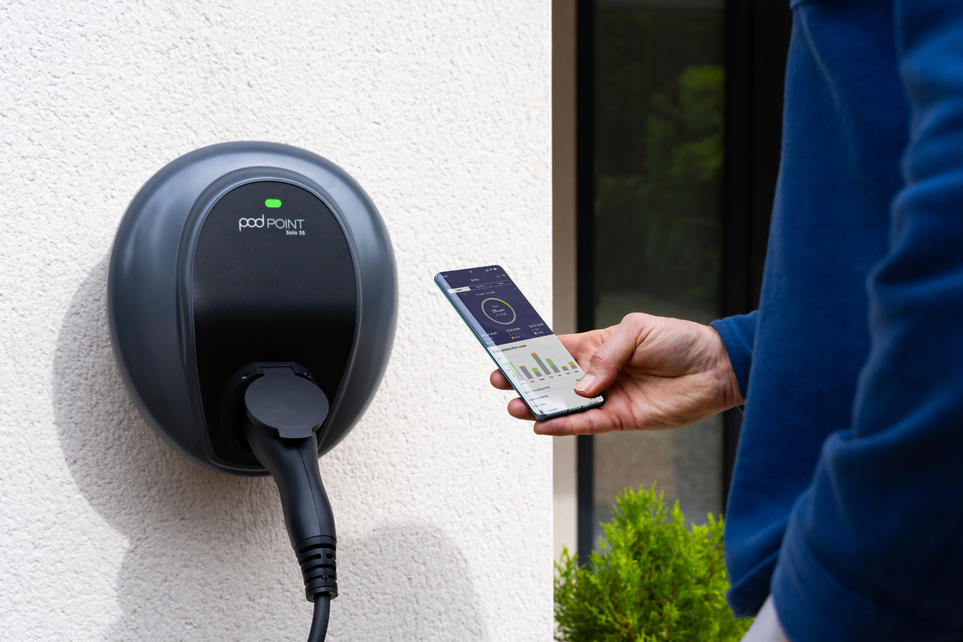 Pod Point charger paired with smart charging app